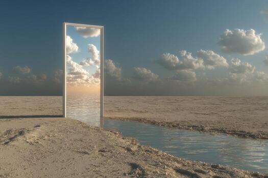 A door opens into a desert with water and clouds photo