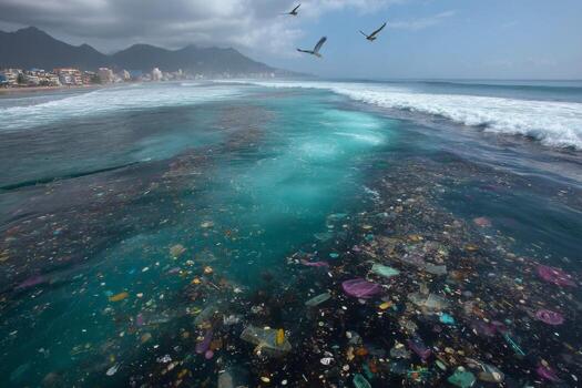 A view of the ocean with garbage floating in it photo