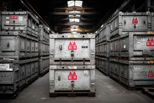 A large warehouse with many crates stacked on top of each other photo