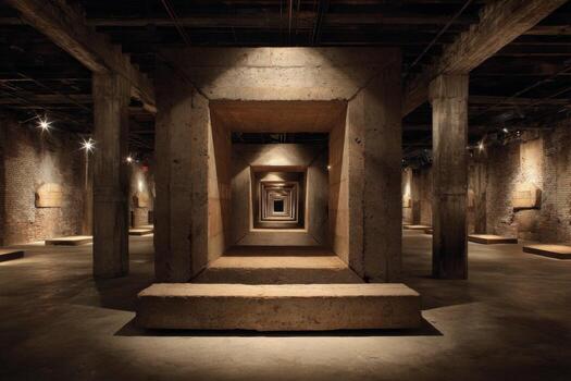 A room with a large concrete structure and benches photo