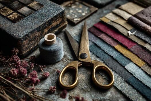 A pair of scissors and some fabric on a table photo