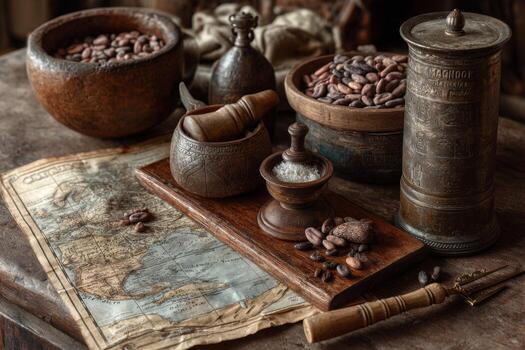 A table with various items including a map, a mortar, and a mortar and pestle photo