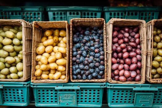 Baskets of grapes and other fruits are displayed in a store photo
