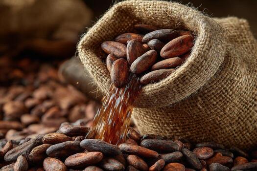 Cocoa beans are poured into a sack photo