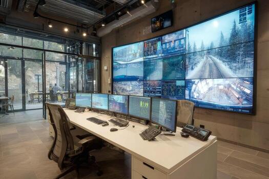 A large monitor displays multiple screens in front of a desk photo