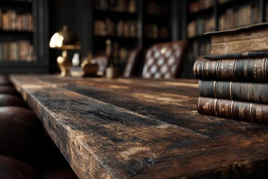 A wooden table with books on it photo