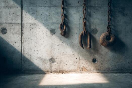 Old rusty chains hanging from the wall in a room photo
