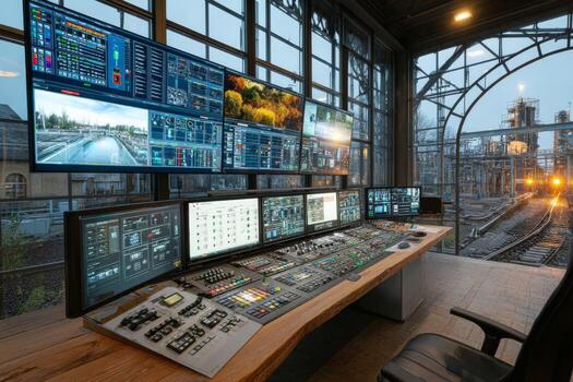 Control room with multiple monitors and a computer photo