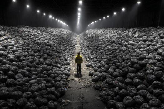 A man standing in a large pile of garbage photo