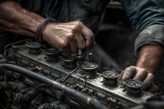 A man is working on an engine with a wrench photo