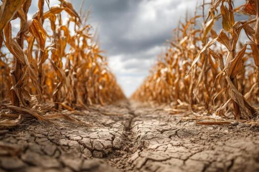 A field of dry corn with a dark sky in the background photo
