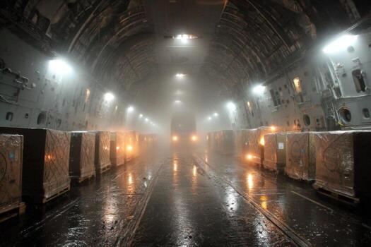 A long tunnel with boxes and lights on the floor photo