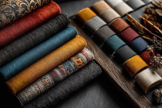 A variety of different colored fabrics on a table photo