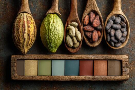 varios tipos de cacao frijoles y nueces en de madera cucharas foto