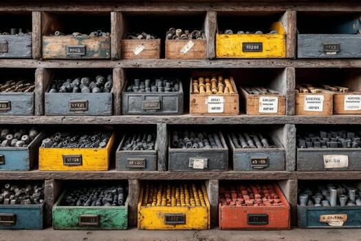 A large collection of tools in a wooden storage area photo