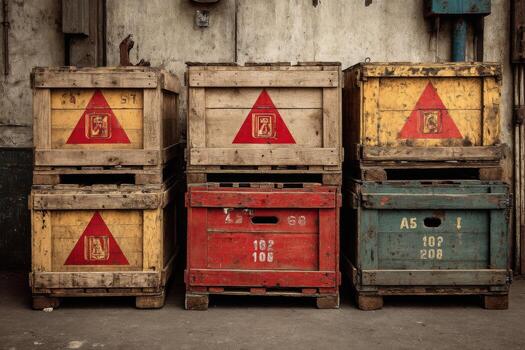 antiguo de madera cajas apilado en frente de un pared foto