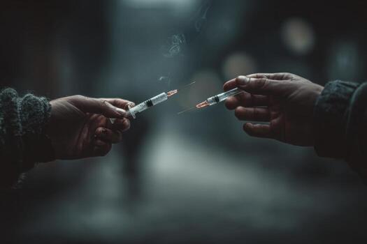 Two hands holding a cigarette and an injection photo