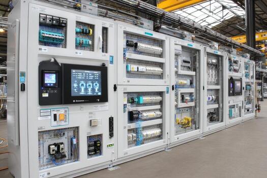 A large industrial control panel in a factory photo