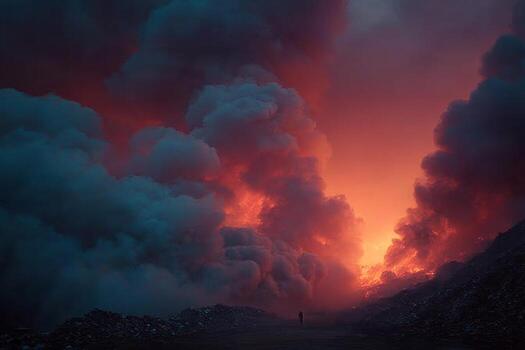 A man walks through a field of smoke and lava photo