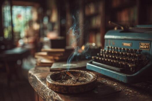 An old typewriter and a cigarette on a table photo