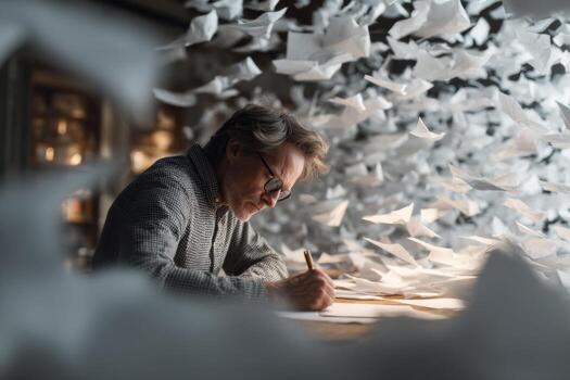 A man writing in a room surrounded by paper birds photo