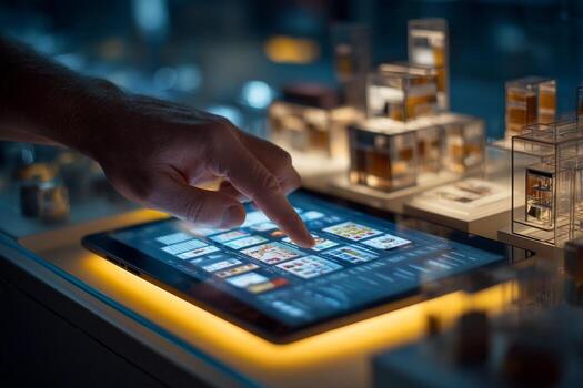 A person using an ipad on a display of bottles photo