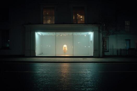 A man standing in front of a store window at night photo
