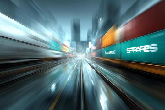 A blurry image of a moving train with cargo containers photo