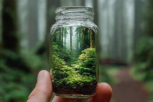 A hand holding a jar with a forest inside photo