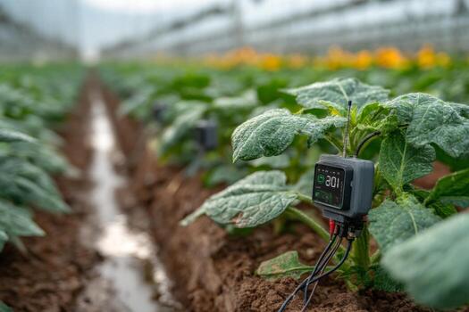 A close up of a plant with a digital thermometer photo