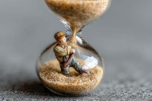 A miniature man is inside of an hourglass photo