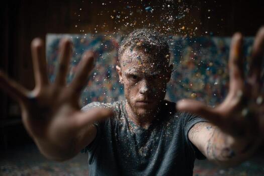 A man with his hands covered in paint and sprinkles photo