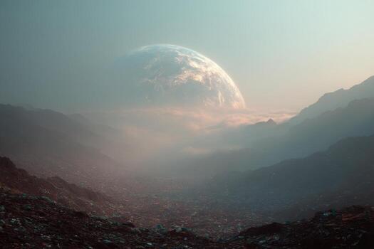 A planet is seen in the distance in a mountain photo