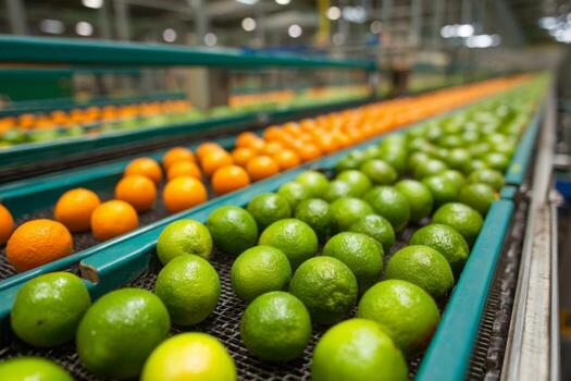 Limes and oranges are on the conveyor belt in a factory photo