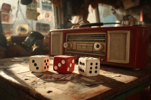 Dice and a radio sit on a table next to a red radio photo