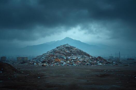 A pile of garbage in front of a mountain photo