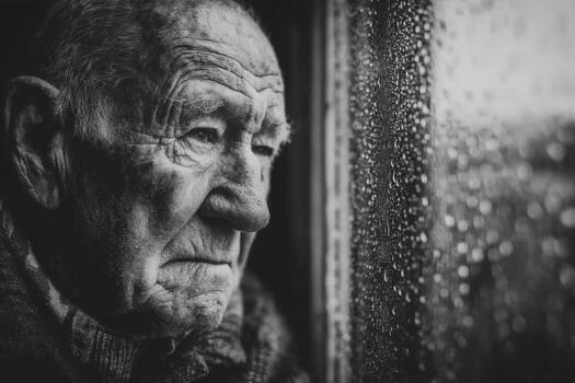 An old man looking out the window at the rain photo