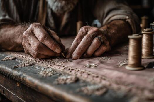 An old man is working on a sewing machine photo