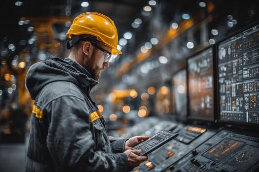A man in a hard hat and helmet is using a tablet photo