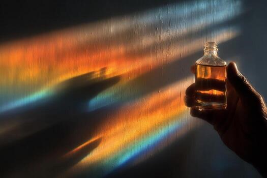 A person holding a bottle of alcohol in front of a window with rainbow light photo
