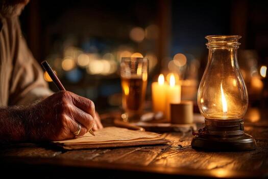A man writing on a piece of paper with a candle in the background photo