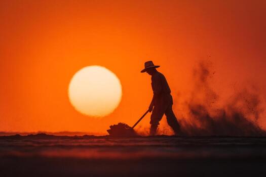 Silhouette of a man with a hat and hat working on the beach at sunset photo
