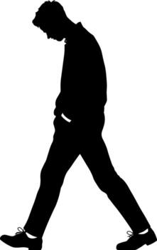 Black silhouette of a man walking with his hands in his pockets and head down, depicting sadness or deep thought, isolated without background vector