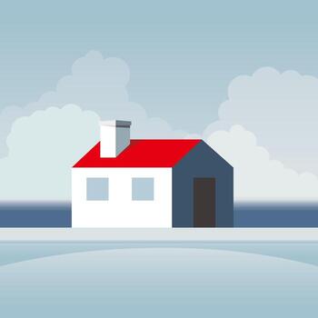 Red house in the middle of the forest with pine trees in the back covered in snow. vector