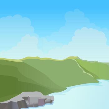 A grassy field with a river in front and sky and clouds in the back. vector