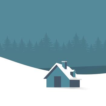 Snow cabin in the middle of the forest with pine trees in the back covered in snow. vector