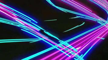 Dynamic neon light trails creating abstract shapes on a black background for creative content video