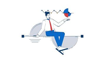 data forskare i analys klotter animation. insiktsdriven analytiker. data visualisering. affärsman presenter Diagram animerad 2d platt tecknad serie begrepp, vit bakgrund. 4k rörelse grafisk video