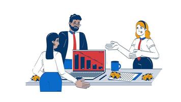 Frustrated business team facing declining performance doodle cartoon animation. Data problem. Falling graph laptop office animated 2D characters isolated on white background. 4K motion graphic video