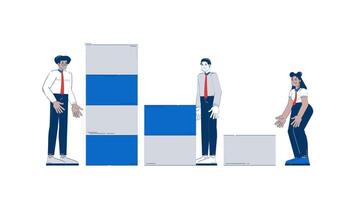 dados analytics equipe construção conjunto de dados rabisco animação. dados visualização. analistas empilhamento blocos para dentro Barra gráfico animado 2d plano desenho animado conceito, branco fundo. 4k movimento gráfico video